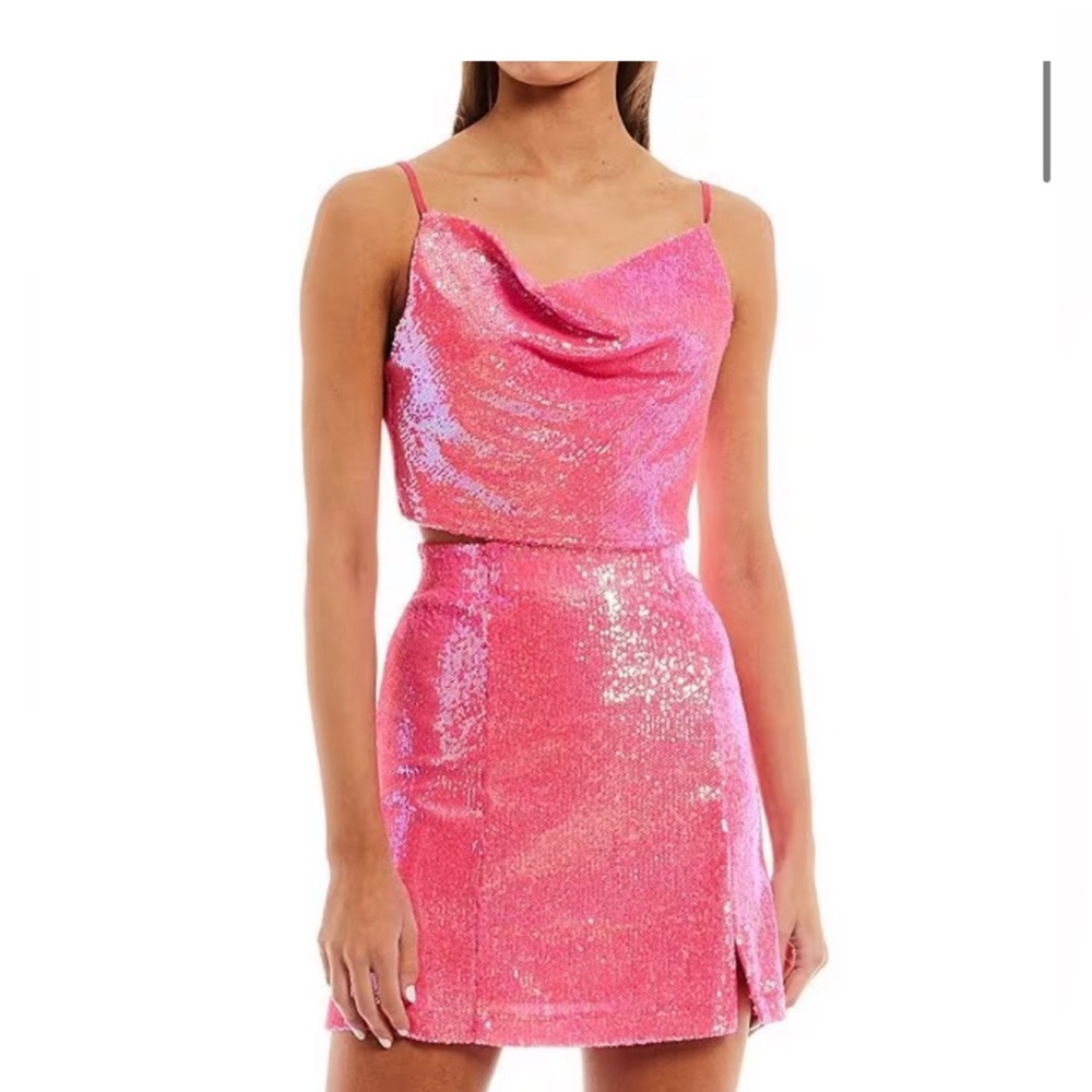 Hot pink sequin skirt with slit (matching top)